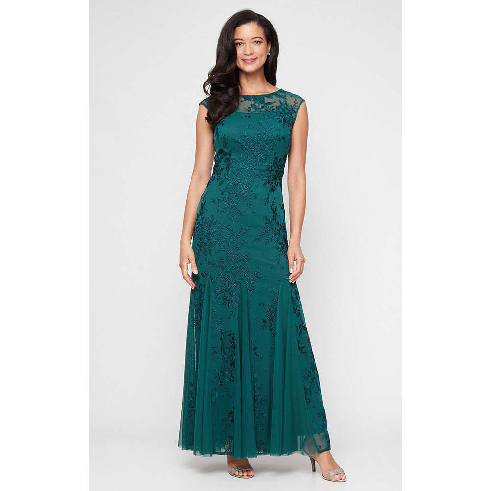alexevenings.com Regular - Kelsey Embroidered Godet Detail Dress Size 14PINE / 1